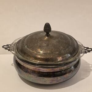 Vtg 3 Pc. Pyrex Silver Metal Casserole Holder Server Warmer & Glass Bowl Dish
